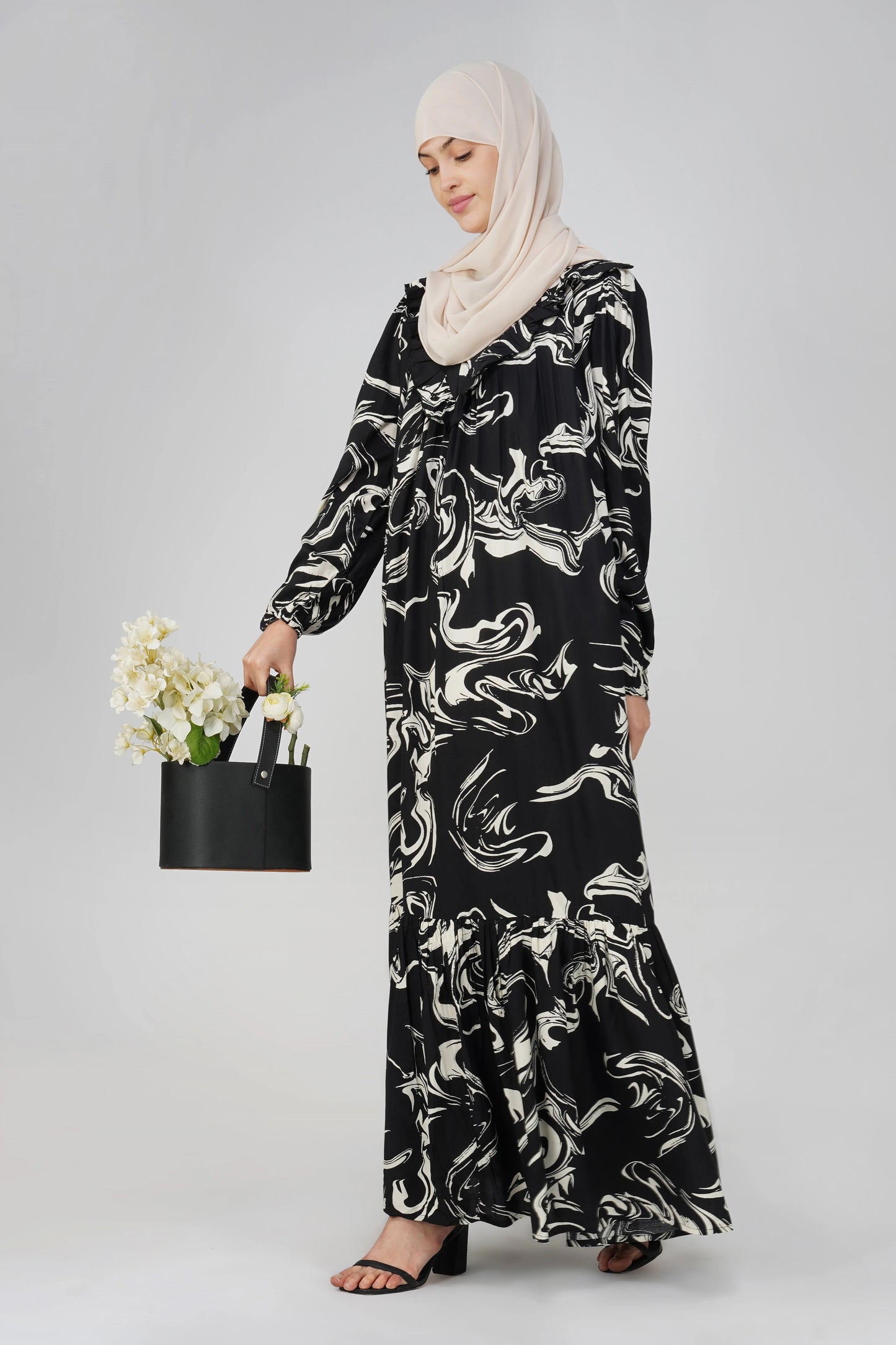 Black Marble Print Maxi Dress